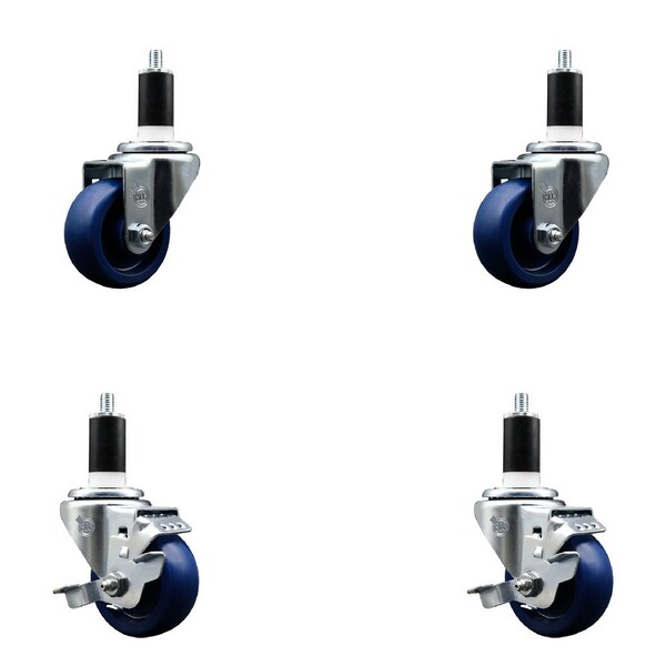 3'' Solid Poly Wheel Swivel 1-3/8'' Expanding Stem Caster Set 2 Brakes, 4PK